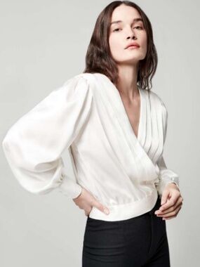 Smythe Pleated Crossover Blouse Ivory Satin S